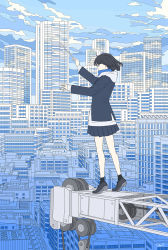 Rule 34 | 1girl, conductor baton, black hair, black socks, blue jacket, blue skirt, blue theme, building, cityscape, closed eyes, commentary request, conductor, crane (machine), day, flat color, full body, highres, holding, jacket, ligne claire, long sleeves, miniskirt, original, pleated skirt, seraphitalg, short hair, signature, skirt, skyscraper, socks, solo, standing, tiptoes