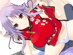 Rule 34 | 1girl, blush, breasts, brown eyes, china dress, chinese clothes, clothes lift, double bun, dress, dress lift, game cg, iizuki tasuku, large breasts, legs, looking at viewer, lovely x cation 2, lying, narukawa hime, panties, purple hair, quipao, short hair, sitting, sitting on person, smile, sweat, thighs, underwear, white panties