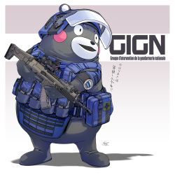 Rule 34 | 1boy, ammunition pouch, assault rifle, bear, blush stickers, body armor, cz 805 bren, faceplate, first aid kit, fn scar, french text, gign, gun, helmet, highres, holding, holding gun, holding weapon, japanese text, kumamon, mao (6r), mascot, no humans, original, pouch, rifle, scope, simple background, solo, swat, text focus, translation request, trigger discipline, vest, visor lift, weapon