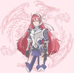 Rule 34 | 1girl, armor, cherche (fire emblem), dragon, fire emblem, fire emblem awakening, gloves, hairband, long hair, looking at viewer, nintendo, pink background, red eyes, red hair, red theme, smile, thighhighs