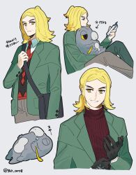 Rule 34 | 1boy, adjusting clothes, adjusting gloves, arrow (symbol), bag, black vest, blonde hair, closed mouth, collared shirt, commentary request, creatures (company), frigibax, game freak, gloves, green jacket, grin, hassel (pokemon), highres, holding, jacket, lying, male focus, messenger bag, multiple views, necktie, nintendo, open clothes, open jacket, pants, parted bangs, pokemon, pokemon (creature), pokemon sv, red necktie, shirt, shiruku (gp oro8), shoulder bag, smile, teeth, vest, white shirt, yellow eyes
