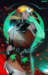Rule 34 | 1girl, absurdres, ancient greek clothes, artist name, asymmetrical arms, bare shoulders, black sclera, blonde hair, bone, colored sclera, commentary, dress, english commentary, glowing arm, greco-roman clothes, green arm, green eyes, green lips, hades (series), hades 2, heterochromia, highres, laurel crown, melinoe (hades), mismatched sclera, moon, orange dress, red eyes, rogun, see-through body, skeletal arm, solo
