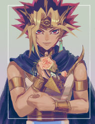 Rule 34 | 1boy, absurdres, armlet, atem, black hair, blonde hair, cape, closed mouth, commentary, earrings, flower, framed, hands up, highres, holding, holding flower, jewelry, looking at viewer, male focus, millennium puzzle, on (isk1812), pink flower, smile, solo, spiked hair, upper body, yu-gi-oh!, yu-gi-oh! duel monsters