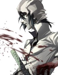 Rule 34 | 1boy, arrancar, black hair, bleach, blood, blood on hands, closed mouth, coat, colored skin, facial mark, green eyes, highres, hishui prpr, hole on body, katana, long sleeves, looking away, male focus, number tattoo, open hand, pale skin, profile, short hair, simple background, solo, sword, tattoo, ulquiorra cifer, weapon, white background, white coat, white skin