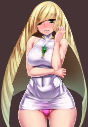 Rule 34 | 1girl, alternate breast size, bare arms, bare shoulders, blonde hair, blush, breasts, covered navel, cowboy shot, creatures (company), dress, game freak, green eyes, hair over one eye, highleg, ishimiso (ishimura), large breasts, long hair, looking at viewer, lusamine (pokemon), microdress, microskirt, nintendo, open mouth, panties, pantyshot, pink panties, pokemon, pokemon sm, short dress, skin tight, skindentation, skirt, sleeveless, sleeveless dress, smile, solo, thighs, underwear, very long hair, white dress, wide hips