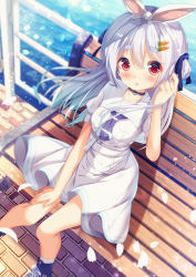 Rule 34 | 1girl, alternate costume, animal ears, blue bow, blue footwear, blush, bow, carrot hair ornament, chinomaron, commentary request, day, double bun, dress, food-themed hair ornament, grey hair, hair between eyes, hair bow, hair bun, hair ornament, hand up, highres, hololive, on bench, outdoors, petals, puffy short sleeves, puffy sleeves, rabbit ears, railing, sailor collar, sailor dress, shoes, short eyebrows, short sleeves, sitting, socks, solo, thick eyebrows, usada pekora, usada pekora (casual), virtual youtuber, water, white dress, white sailor collar, white socks