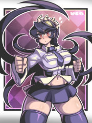 Rule 34 | 1girl, absurdres, black hair, black neckwear, black skirt, black thighhighs, blush, buttons, checkered background, clenched hands, eyebrows, fighting stance, filia (skullgirls), glowing, glowing eyes, highres, long hair, navel, necktie, prehensile hair, sagas293, samson (skullgirls), shirt, skirt, skullgirls, teeth, thick thighs, thighhighs, thighs, white shirt