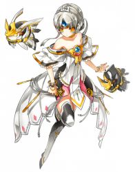 Rule 34 | 1girl, armor, armored dress, bare shoulders, black thighhighs, boots, bracelet, braid, cape, crown, dress, elsword, eve (elsword), facial mark, flat chest, forehead mark, frills, full body, gem, jewelry, moby (elsword), no nose, official art, remy (elsword), short hair, thighhighs, white background, white hair, yellow eyes