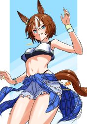 Rule 34 | 1girl, :d, absurdres, animal ears, aqua eyes, arm up, bamboo memory (ultra marine) (umamusume), bamboo memory (umamusume), bare shoulders, bikini, bikini under clothes, black bikini, blue background, blush, bracelet, breasts, brown hair, clothes around waist, collarbone, commentary request, cowboy shot, crop top, crop top overhang, denim, denim shorts, ear ornament, green nails, grin, hair between eyes, highleg, highleg bikini, highres, horse ears, horse girl, horse tail, jacket, jewelry, looking at viewer, midriff, multicolored hair, multicolored nails, navel, necklace, official alternate costume, open mouth, plaid, plaid jacket, senchan 7, short hair, short shorts, shorts, sidelocks, small breasts, smile, solo, standing, streaked hair, swimsuit, tail, tank top, torn clothes, torn shorts, umamusume, white hair, white tank top, wristband, yellow nails