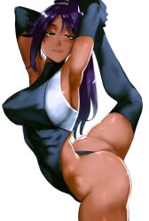 Rule 34 | 1girl, absurdres, armpits, ass, black gloves, black leotard, black thighhighs, bleach, breasts, closed mouth, dark-skinned female, dark skin, elbow gloves, gloves, highleg, highleg leotard, highres, imes, large breasts, leg up, leotard, long hair, looking at viewer, parted bangs, ponytail, purple hair, shihouin yoruichi, sleeveless turtleneck leotard, smug, solo, split, standing, standing on one leg, standing split, stretching, thighhighs, white background, yellow eyes