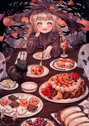 Rule 34 | 1girl, black cat, black hat, blonde hair, braid, cake, candle, cat, cream puff, food, fork, ghost, halloween costume, hand on own face, happy halloween, hat, holding, holding fork, long hair, looking at viewer, open mouth, original, party, plate, pumpkin, shiiro illust, smile, solo, twin braids, witch hat, yellow eyes