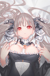 Rule 34 | 1girl, azur lane, black bow, bow, breasts, collarbone, cosplay, formidable (azur lane), formidable (azur lane) (cosplay), grey hair, hair bow, hair ribbon, highres, large breasts, long hair, look-alike, lying, on back, red eyes, ribbon, solo, twintails, upper body, yaoku