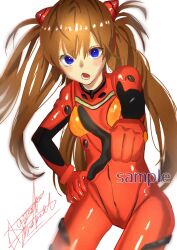 Rule 34 | 1girl, artist request, blue eyes, bodysuit, breasts, brown hair, feet out of frame, hair between eyes, hand on own hip, highres, index finger raised, interface headset, long hair, looking at viewer, narrow waist, neon genesis evangelion, open mouth, pilot suit, plugsuit, red bodysuit, small breasts, solo, souryuu asuka langley, standing, thighs, tsundere, very long hair