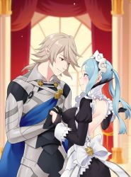 Rule 34 | 1boy, 1girl, absurdres, apron, armor, back, back bow, backless dress, backless outfit, black dress, black gloves, blue cape, blue hair, blush, bow, breasts, bridal gauntlets, cape, closed mouth, commentary, commission, corrin (fire emblem), corrin (male) (fire emblem), couple, curtains, dress, english commentary, fire emblem, fire emblem fates, flora (fire emblem), gloves, grey eyes, grey hair, hetero, highres, holding hands, husband and wife, igni tion, indoors, jewelry, juliet sleeves, large breasts, long sleeves, looking at another, maid apron, maid headdress, nintendo, puffy sleeves, red curtains, red eyes, ring, short hair, smile, twintails, waist apron, wedding band, wedding ring, white apron
