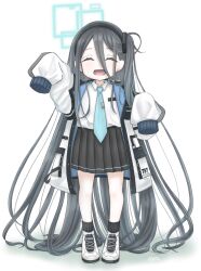 Rule 34 | 1girl, :d, ^ ^, absurdly long hair, age regression, aged down, aris (blue archive), black hair, black skirt, black socks, blue archive, blue necktie, closed eyes, collared shirt, commentary request, facing viewer, full body, hair between eyes, halo, highres, jacket, long hair, long sleeves, necktie, one side up, open clothes, open jacket, open mouth, outstretched arm, parted bangs, pleated skirt, puffy long sleeves, puffy sleeves, ribbed legwear, shirt, shoes, skirt, sleeves past fingers, sleeves past wrists, smile, socks, solo, standing, twitter username, very long hair, white background, white footwear, white jacket, white shirt, yano chimi