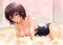 Rule 34 | 1girl, amagami, bath, black eyes, black hair, blush, breasts, bubble, clothes pull, competition swimsuit, hanging breasts, looking at viewer, nanasaki ai, nipples, one-piece swimsuit, one-piece swimsuit pull, partially submerged, partially undressed, shian (my lonly life.), short hair, smile, soap bubbles, soapy, solo, steam, swimsuit, water, wet