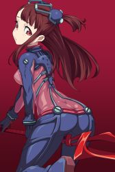 Rule 34 | 1girl, ass, breasts, brown hair, butt crack, floating hair, kagari atsuko, lance of longinus (evangelion), little witch academia, long hair, looking back, neon genesis evangelion, one side up, plugsuit, rebuild of evangelion, red background, red eyes, skin tight, small breasts, solo, test plugsuit, uganda (ugandam 00)