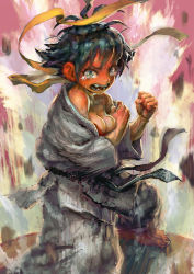 Rule 34 | 1girl, angry, aura, bare shoulders, barefoot, black hair, blush, bra, breasts, choker, cleavage, clenched hand, commentary request, dougi, embarrassed, fang, full-face blush, gradient background, highres, incoming attack, incoming punch, jonpei, looking at viewer, makoto (street fighter), open mouth, punching, red bra, red sports bra, ribbon choker, short hair, solo, sports bra, strapless, strapless bra, street fighter, teardrop, underwear