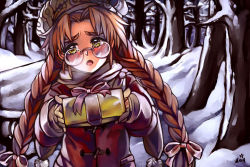Rule 34 | anoushka russell, bare tree, beret, blush, bow, braid, brown hair, commentary, english commentary, forest, gift, gift art, glasses, green eyes, grey headwear, grey jacket, grey scarf, hat, holding, holding gift, jacket, long hair, looking at viewer, muv-luv, nature, open mouth, parted bangs, pink bow, round eyewear, sakaki chizuru, scarf, snow, tree, twin braids, very long hair, winter