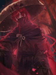 Rule 34 | 1boy, absurdres, aito, commentary, fate/grand order, fate (series), hair between eyes, hair over one eye, hat, highres, holding, holding sword, holding weapon, japanese clothes, katana, long hair, long sleeves, male focus, mask, mouth mask, okada izou (fate), okada izou (second ascension) (fate), red hair, sandogasa, scarf, sword, torn clothes, torn hat, weapon
