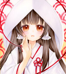 Rule 34 | 1girl, :d, alternate costume, brown eyes, brown hair, commentary request, hair tubes, hakurei reimu, hand up, highres, hood, hood up, japanese clothes, kimono, long hair, looking at viewer, marker (medium), open mouth, portrait, robe, shiromuku, simple background, smile, solo, touhou, traditional media, uchikake, upper body, white robe, yuuki hana (jtnp5334)