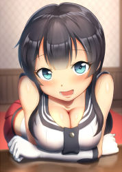 Rule 34 | 10s, 1girl, :d, agano (kancolle), aqua eyes, arm support, bare shoulders, black hair, blunt bangs, blush, breast press, breasts, buttons, cleavage, elbow gloves, eyebrows, gloves, indoors, kantai collection, large breasts, leaning forward, long hair, looking at viewer, maku ro, open mouth, pleated skirt, red skirt, reflection, shiny skin, sidelocks, skirt, smile, solo, straight hair, table, tareme, vest, white gloves, white vest