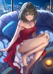 Rule 34 | 1girl, bare legs, barefoot, blurry, blurry background, blush, bob cut, breasts, candle, collarbone, couch, dress, green hair, highres, idolmaster, idolmaster cinderella girls, jewelry, looking at viewer, medium breasts, mole, mole under eye, necklace, nyome991, on couch, red dress, revision, sitting, sleeveless, sleeveless dress, smile, solo, strap slip, takagaki kaede, toes
