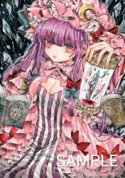 Rule 34 | 1girl, bat wings, book, crescent, crescent hair ornament, crescent hat ornament, crescent pin, crystal, dress, hair ornament, hat, hat ornament, head wings, mob cap, monji (monzi328), patchouli knowledge, purple eyes, purple hair, solo, striped clothes, striped dress, touhou, traditional media, vertical-striped clothes, vertical-striped dress, watermark, wings