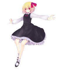 Rule 34 | 1girl, bad id, bad pixiv id, blonde hair, embodiment of scarlet devil, female focus, full body, hair ribbon, harano, outstretched arms, red eyes, ribbon, rumia, short hair, simple background, solo, spread arms, touhou, white background