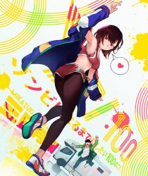 1boy 1girl brown_hair cesar_art456 full_body highres jacket looking_at_viewer mikazuki_shizuka shoes shorts smile sneakers zom_100:_zombie_ni_naru_made_ni_shitai_100_no_koto