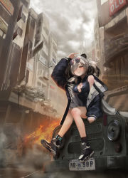 Rule 34 | 1girl, absurdres, animal ears, arknights, bare shoulders, blush, breasts, china dress, chinese clothes, cleavage, cleavage cutout, clothing cutout, coat, dress, eyewear on head, feater (arknights), gadeung hye, grey hair, hair over one eye, highres, jacket, medium breasts, multicolored clothes, multicolored coat, multicolored hair, multicolored jacket, panda ears, parted lips, purple-tinted eyewear, red eyes, round eyewear, sitting, solo, streaked hair, sunglasses, tinted eyewear, two-tone coat, two-tone jacket