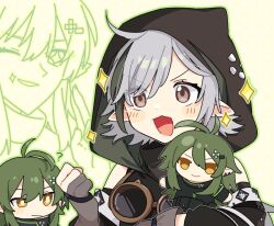 Rule 34 | + +, 2girls, :3, ?, ahoge, arknights, black hair, black sleeves, blush, bright pupils, brown eyes, character doll, clenched hand, commentary, cowlick, detached sleeves, doll, excited, frown, gavial (arknights), gloves, green background, green hair, grey gloves, grey hair, hair ornament, holding, holding doll, hood, hood up, hoodie, long hair, maguro kan, multicolored hair, multiple girls, one eye closed, open mouth, outline, partially fingerless gloves, pointy ears, short hair, simple background, sleeveless, sleeveless hoodie, smile, sparkle, streaked hair, tomimi (arknights), tongue, unamused, upper body, white pupils, yellow eyes