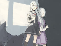 Rule 34 | 2girls, arm at side, back-to-back, black cat, black dress, black jacket, black socks, blue eyes, cat, clenched hand, collared dress, commentary, cropped jacket, cross tie, daito academy school uniform, dress, dual persona, fangs, feet out of frame, from below, frown, grey hair, hair bun, hand up, highres, indoors, jacket, kneehighs, layered sleeves, long hair, long sleeves, looking at animal, looking at viewer, magia record: mahou shoujo madoka magica gaiden, mahou shoujo madoka magica, miniskirt, mizuna girls&#039; academy school uniform, multiple girls, necktie, pleated skirt, ponytail, purple shirt, purple skirt, red necktie, school uniform, shirt, short dress, short over long sleeves, short sleeves, sidelocks, single hair bun, sketch, skirt, socks, very long hair, white sleeves, yakumo mitama, yushida