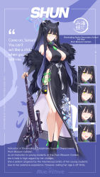 Rule 34 | 1girl, 9ml, absurdres, animal ears, blue archive, blue hair, breasts, bullpup, character name, character sheet, china dress, chinese clothes, cleavage, dress, floral print, full body, green eyes, gun, halo, highres, holding, holding gun, holding weapon, large breasts, legs, long hair, multicolored hair, official art, qbu-88, rifle, shun (blue archive), smile, sniper rifle, solo, toes, two-tone hair, very long hair, weapon