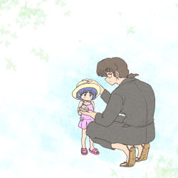 Rule 34 | 1boy, 1girl, bandages, blue hair, blush, brown eyes, brown hair, collarbone, dougi, dress, closed eyes, glasses, hand grab, hand on another&#039;s head, hat, highres, holding hands, injury, kneeling, looking at another, looking up, low ponytail, ono tofu, ranma 1/2, sandals, short hair, short ponytail, smile, squatting, sun hat, sundress, tendou akane, wanta (futoshi), aged down