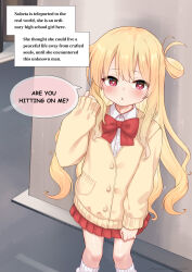 Rule 34 | 1girl, absurdres, blonde hair, blush, bow, bowtie, buttons, cardigan, collared shirt, commentary, dot nose, english commentary, english text, gradient hair, hair between eyes, highres, kneehighs, knees, little witch nobeta, long hair, long sleeves, looking at viewer, miniskirt, multicolored hair, nobeta, official art, pleated skirt, red bow, red bowtie, red eyes, red skirt, school uniform, shirt, skirt, sleeves past wrists, socks, solo, speech bubble, standing, talking, very long hair, white socks, yellow cardigan