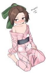 Rule 34 | 1girl, absurdres, aged down, bare shoulders, barefoot, brown eyes, brown hair, collarbone, flat chest, floral print, green ribbon, hair intakes, highres, japanese clothes, jintsuu (kancolle), kantai collection, kimono, long hair, maru (marg0613), official alternate costume, one-hour drawing challenge, pink kimono, ponytail, ribbon, simple background, sitting, solo, white background, yokozuwari