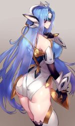 Rule 34 | 1girl, absurdres, android, ass, bare shoulders, blue hair, boots, breasts, cyborg, elbow gloves, forehead protector, garter straps, gloves, headgear, highres, kos-mos, kos-mos ver. 4, large breasts, leotard, long hair, looking at viewer, looking back, negresco, red eyes, solo, standing, thigh boots, thighhighs, underboob, very long hair, white leotard, xenosaga, xenosaga episode iii