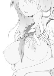 Rule 34 | 1girl, breasts, breasts apart, clothes lift, greyscale, hair ornament, hair tubes, head out of frame, kochiya sanae, large breasts, lifted by self, long hair, lowres, monochrome, neckerchief, nipples, nirap, no bra, open mouth, school uniform, serafuku, shirt lift, short sleeves, sidelocks, simple background, snake hair ornament, solo, touhou, upper body, white background