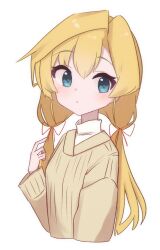 Rule 34 | 1girl, abukuma (kancolle), abukuma (round one mode) (kancolle), blonde hair, blue eyes, brown sweater, highres, kantai collection, low twintails, official alternate costume, official alternate hairstyle, simple background, solo, sweater, twintails, unoi, upper body, white background