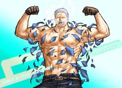 Rule 34 | 1boy, abs, bara, bare pectorals, belt, brown gloves, cigar, denim, english text, exploding clothes, facial hair, flexing, gloves, gradient background, jeans, kokorozashi, large pectorals, male focus, manly, muscular, navel, navel hair, nipples, one piece, pants, pectorals, scar, short hair, simple background, smoker (one piece), smoking, solo, stitches, stubble, wardrobe malfunction