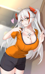Rule 34 | 1girl, :q, absurdres, alternate costume, azur lane, black shorts, blouse, breasts, chocolate, chocolate on body, chocolate on breasts, cleavage, hair between eyes, headgear, heart, highres, huge breasts, j yak47, long hair, multicolored hair, orange shirt, prinz eugen (azur lane), red hair, shadow, shirt, short sleeves, shorts, solo, standing, streaked hair, tongue, tongue out, two-tone hair, very long hair, white hair, yellow eyes