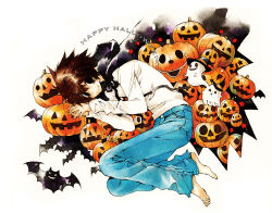 Rule 34 | 1boy, bags under eyes, barefoot, bat (animal), black cape, black eyes, black hair, blue pants, cape, curled up, death note, denim, full body, hair between eyes, halloween, happy halloween, jack-o&#039;-lantern, jeans, l (death note), long sleeves, looking at viewer, male focus, nanami (fuku), own hands together, pants, shirt, short hair, smile, solo, spiked hair, white shirt