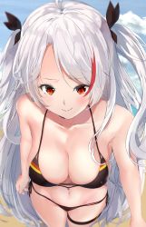 Rule 34 | 1girl, antenna hair, azur lane, bad id, bad pixiv id, bare shoulders, bikini, black bikini, black ribbon, blush, breasts, brown eyes, cleavage, closed mouth, commentary request, covered erect nipples, day, flag print, from above, german flag bikini, hair ribbon, highres, large breasts, long hair, looking at viewer, multicolored hair, navel, outdoors, ponyaru, prinz eugen (azur lane), prinz eugen (unfading smile) (azur lane), red hair, ribbon, side-tie bikini bottom, silver hair, sky, smile, solo, standing, streaked hair, swept bangs, swimsuit, thigh strap, tongue, tongue out, two side up, very long hair