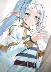Rule 34 | !, 1girl, absurdres, belt buckle, blush, buckle, capelet, closed mouth, commentary, drop earrings, ear blush, earrings, elf, frieren, glint, grey hair, highres, jewelry, long hair, long sleeves, looking at object, luzzi (milllim), parted bangs, pointy ears, ring, shirt, solo, sousou no frieren, striped clothes, striped shirt, surprised, twintails, upper body, very long hair, wedding ring, white capelet