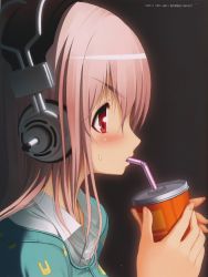 Rule 34 | 10s, 1girl, 2011, absurdres, black background, blush, drinking, drinking straw, fingernails, from side, headphones, highres, jewelry, necklace, nitroplus, pink hair, profile, red eyes, simple background, solo, super sonico, sweatdrop, tsuji santa, upper body