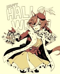 Rule 34 | 1girl, animal ears, botantouki, breasts, candy, cowboy shot, dress, ear ornament, english text, eyepatch, food, frilled dress, frills, fur-trimmed jacket, fur trim, gloves, hair over one eye, happy halloween, highres, horse ears, horse girl, horse tail, jacket, limited palette, looking at viewer, medium breasts, multicolored hair, official alternate costume, open clothes, open jacket, open mouth, short hair, smile, solo, streaked hair, tail, tanino gimlet (applause of fortuna) (umamusume), tanino gimlet (umamusume), tilted headwear, umamusume