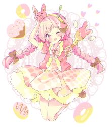 Rule 34 | 1girl, ;d, arm up, blonde hair, blush, braid, brown dress, brown footwear, commentary, doughnut, dress, food, head tilt, heart, highres, holding, jacket, kneehighs, long hair, low twintails, multicolored hair, one eye closed, open mouth, original, pink hair, pink jacket, pleated dress, polka dot, polka dot dress, puffy short sleeves, puffy sleeves, purple eyes, shoes, short eyebrows, short sleeves, smile, socks, solo, symbol-only commentary, thick eyebrows, tsukiyo (skymint), twin braids, twintails, two-tone hair, unmoving pattern, very long hair, white background