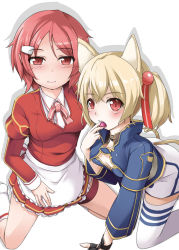 Rule 34 | 10s, 2girls, 3:, animal ears, apron, brown hair, cat ears, cherry, fingerless gloves, food, fruit, gloves, highres, lisbeth (sao), lisbeth (sao-alo), multiple girls, pink hair, pointy ears, red eyes, rindou (faker&#039;s manual), short hair, short twintails, silica, silica (sao-alo), sword art online, thighhighs, twintails