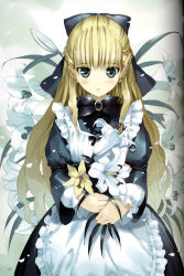 Rule 34 | 1girl, absurdres, alice (alice in wonderland), alice in wonderland, apron, aqua eyes, artbook, blonde hair, blue eyes, blush, bow, brooch, dress, flower, green eyes, hair bow, highres, jewelry, lily (flower), looking at viewer, parted lips, petals, scan, solo, ueda ryou
